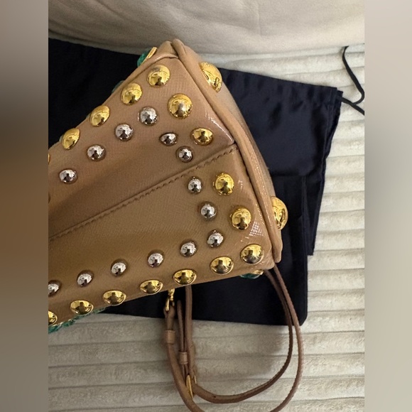 Prada Beige Saffiano Satchel with Turquoise Crystal Studs - Picture 15 of 16
